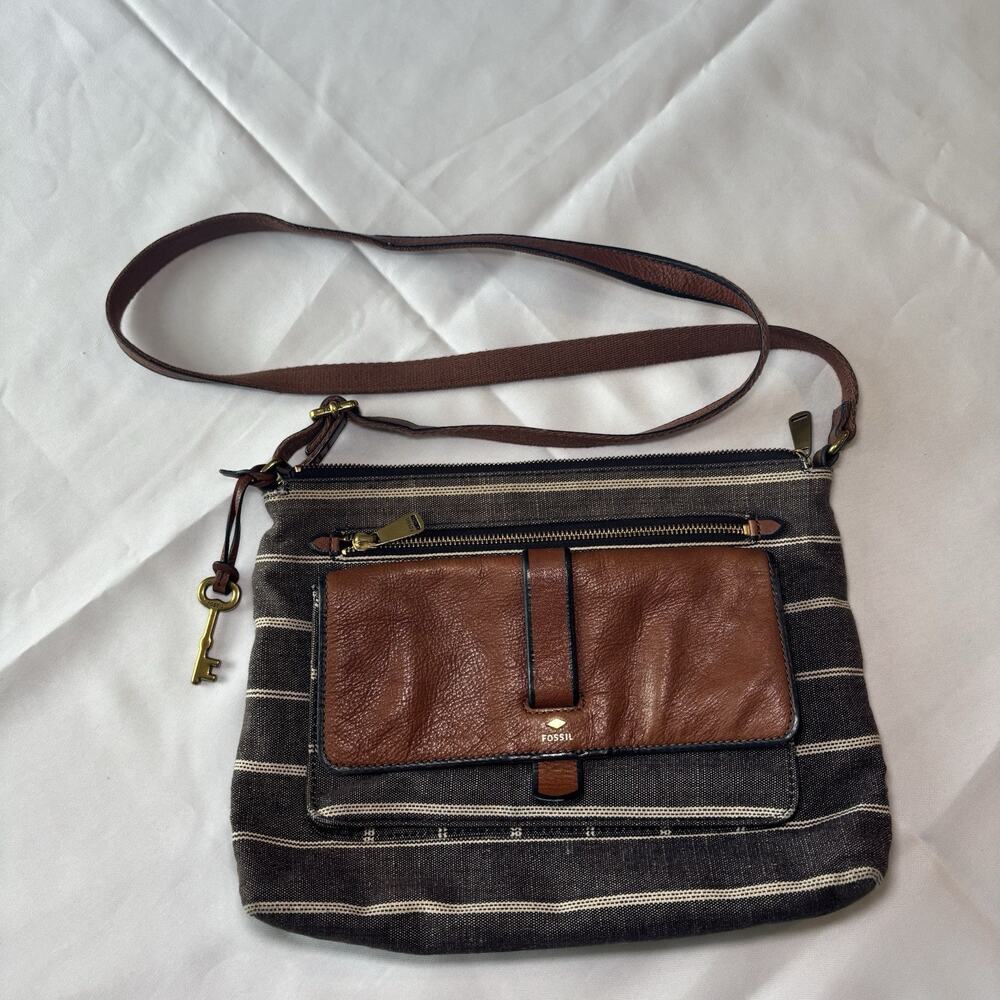 Fossil Kinley Crossbody Purse Leather/Fabric Striped Brown